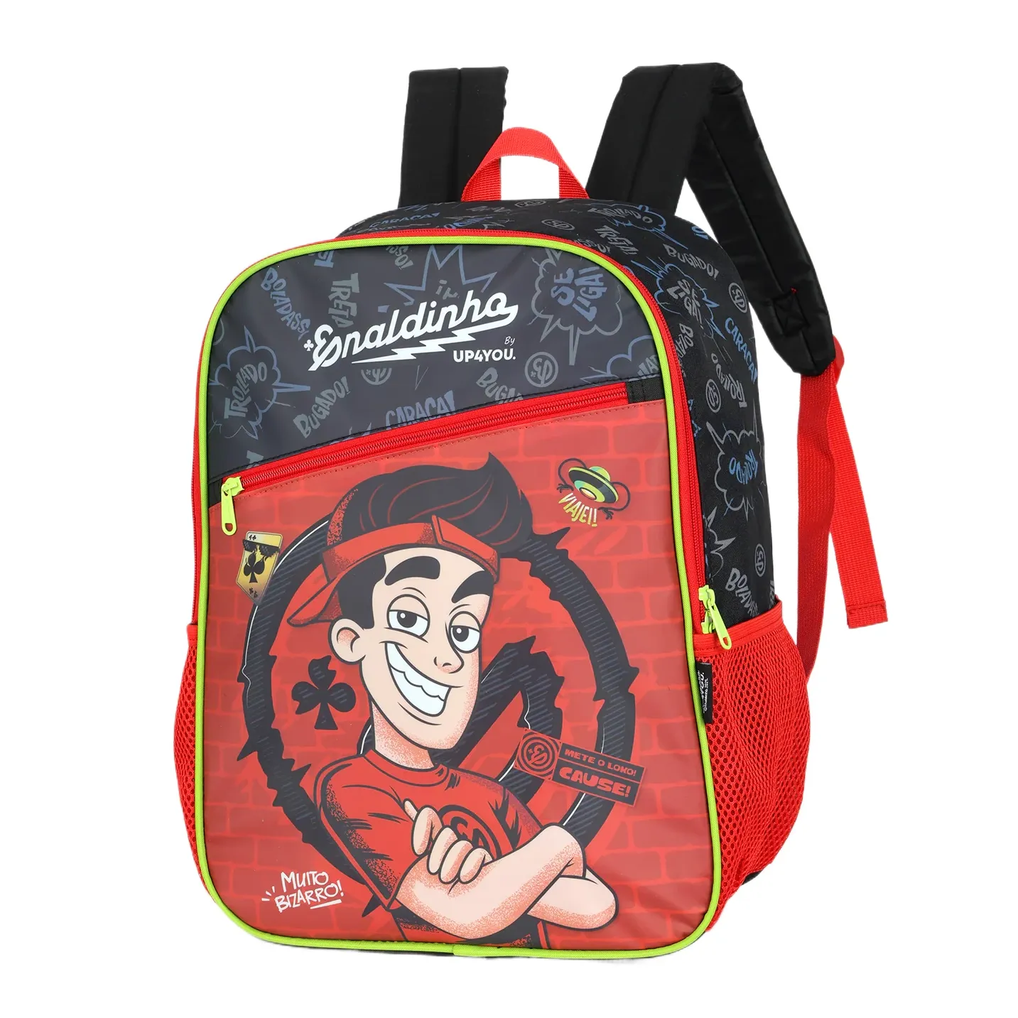 Mochila infantil Luxcel Enaldinho vermelha vista frontal com estampa colorida